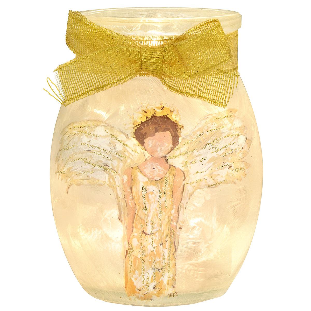 Gilded Angel Small Glass Votive Jar With 10 Miniature Lights