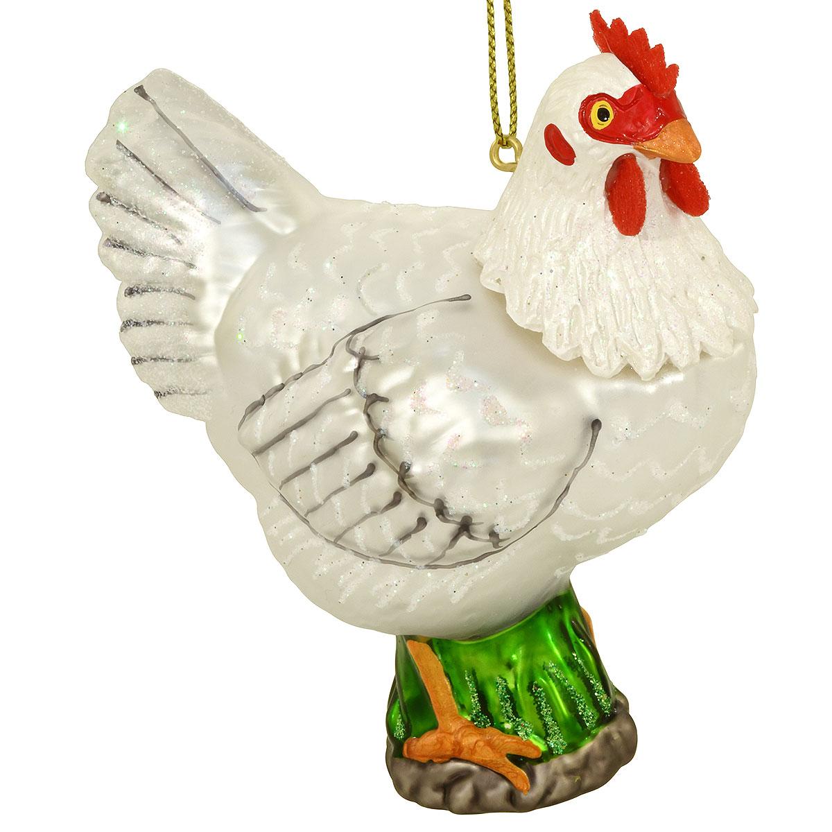 White Chicken Glass Ornament