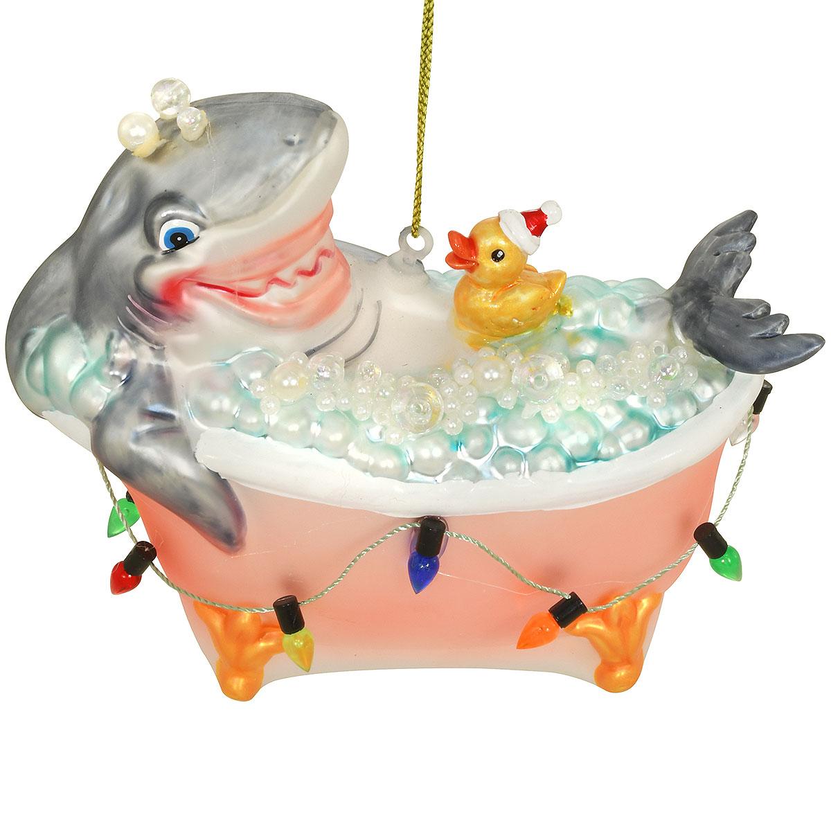 Shark In Bathtub Glass Ornament