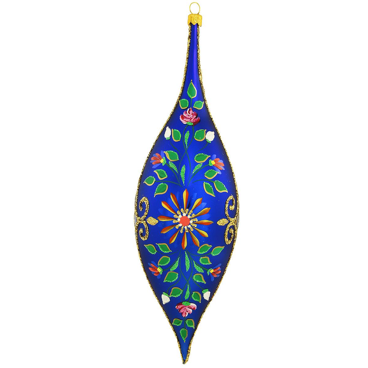 Flowers On Blue Drop Glass Ornament