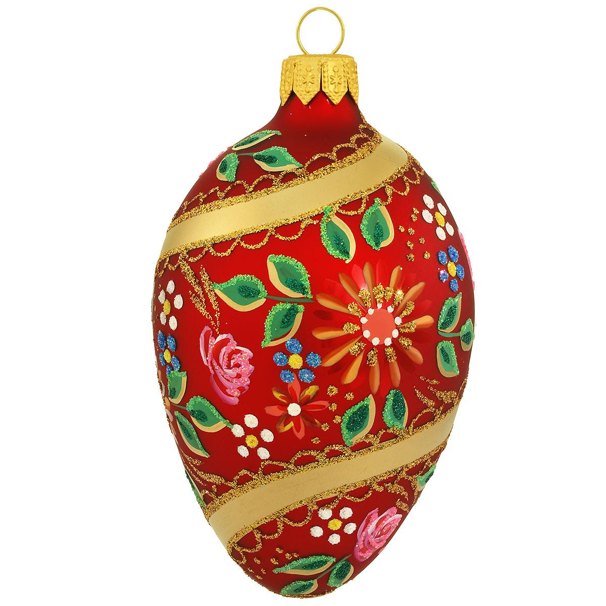 Egg With Flowers Red Glass Ornament