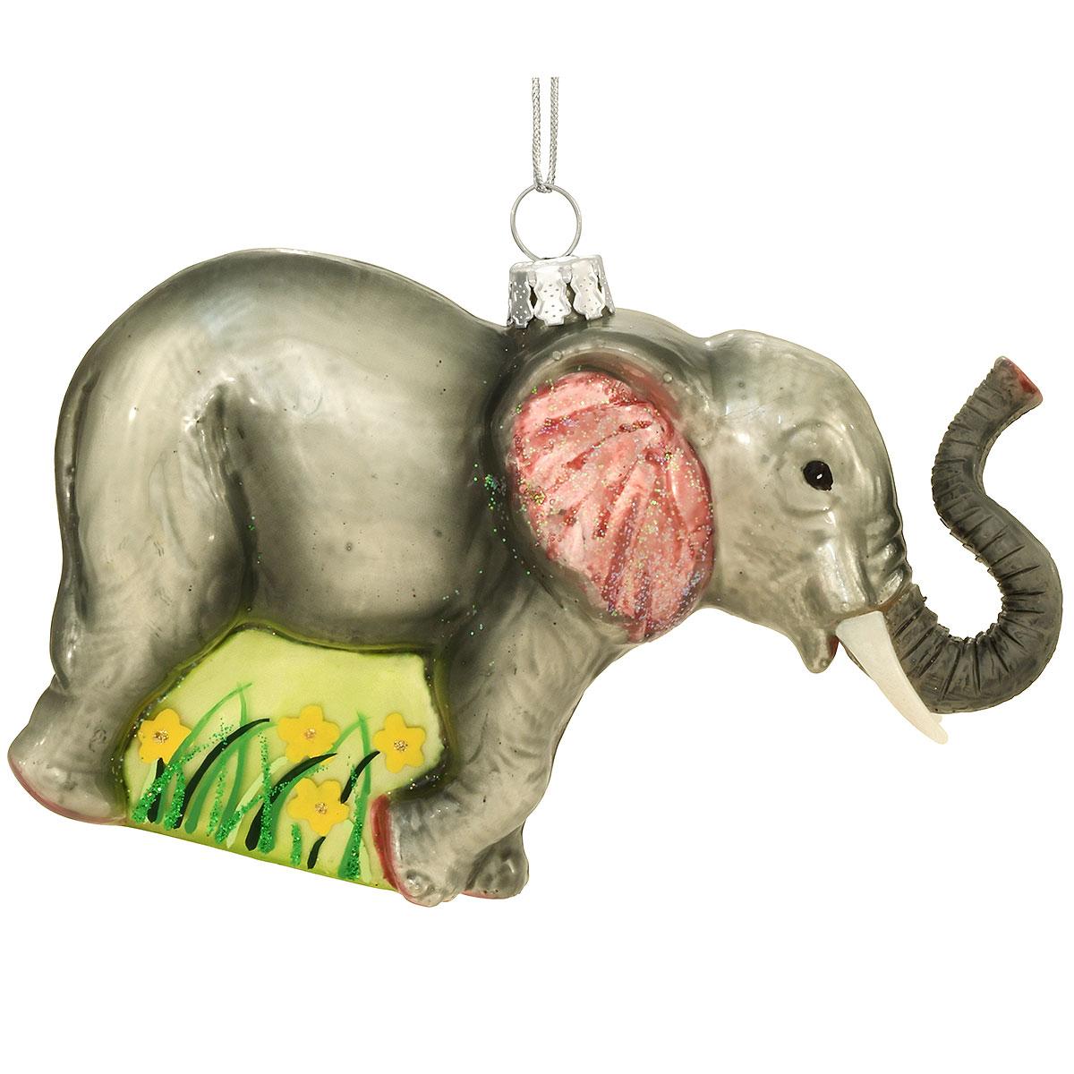 Elephant In Flowers Glass Ornament