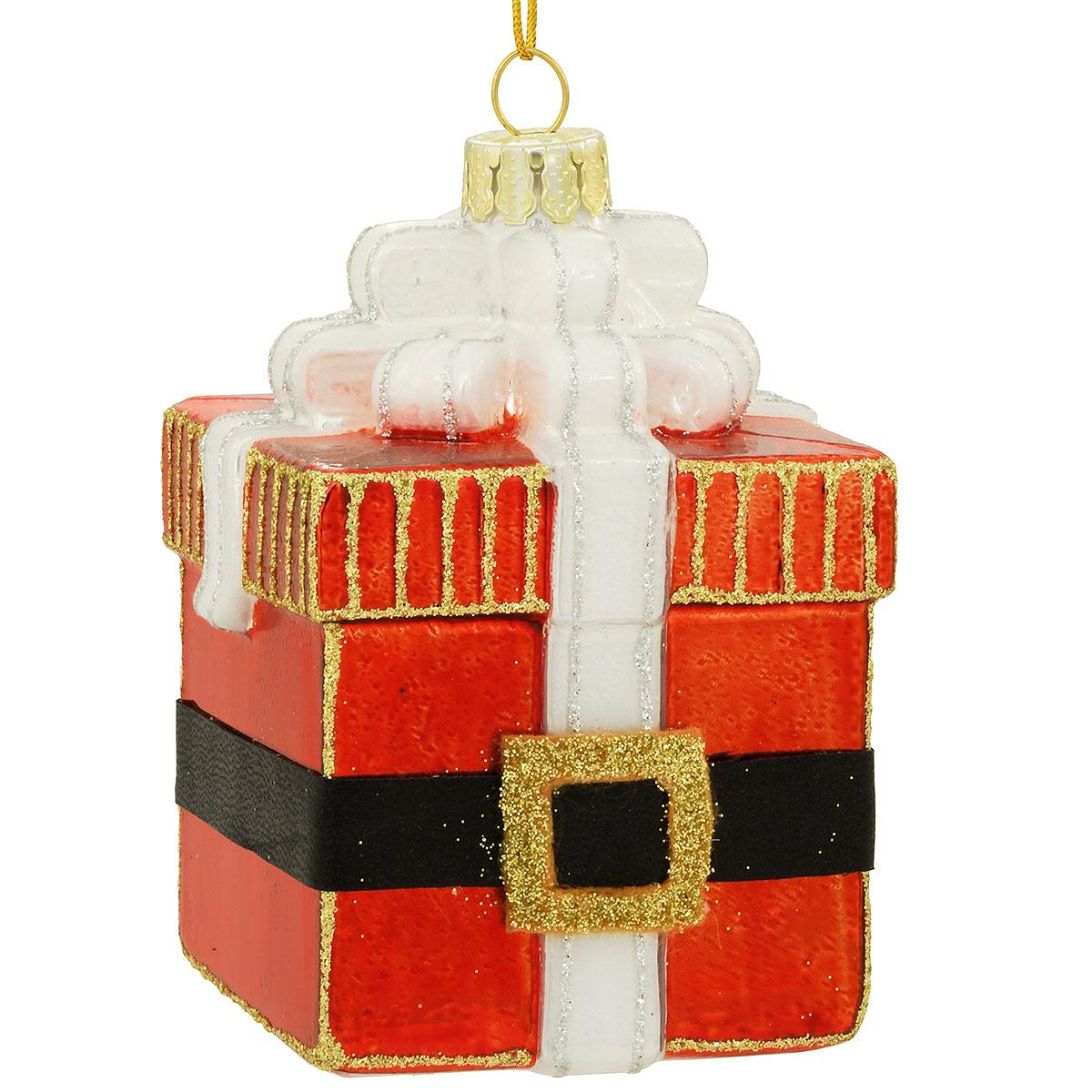 Gift Box With Santa Belt Glass Ornament